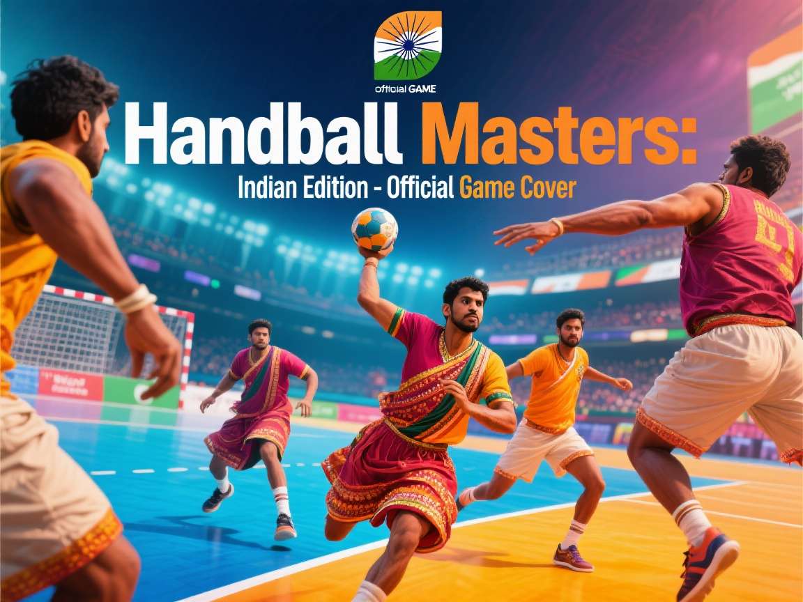 Handball Masters: Indian Edition game cover featuring Indian players in traditional attire playing handball in a stadium with tricolor elements