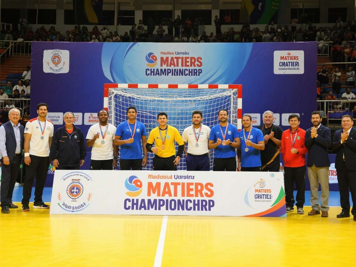Handball Masters: Indian Edition National Championship final match screenshot with packed stadium and Hindi commentary overlay