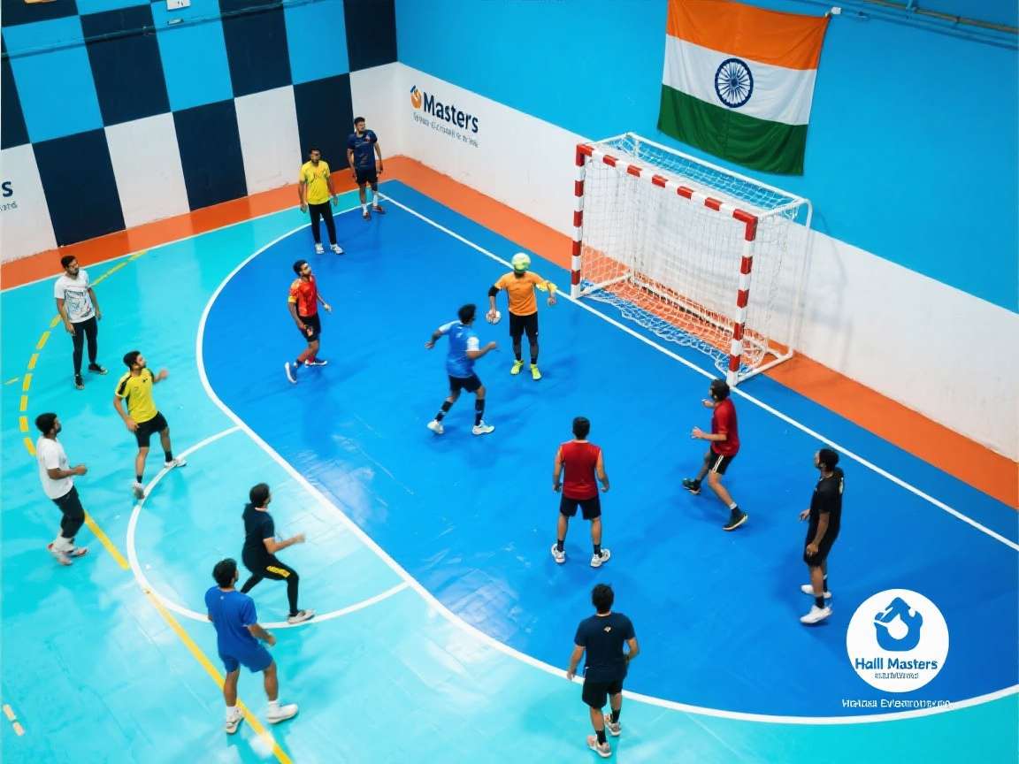 Handball Masters: Indian Edition player community meetup in Bangalore with players posing with game merchandise and regional team jerseys