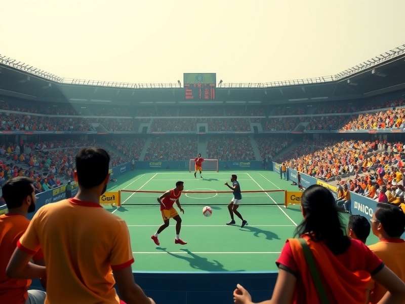 Handball Masters: Indian Edition gameplay showing a match in progress at a stadium resembling Eden Gardens with Indian spectators
